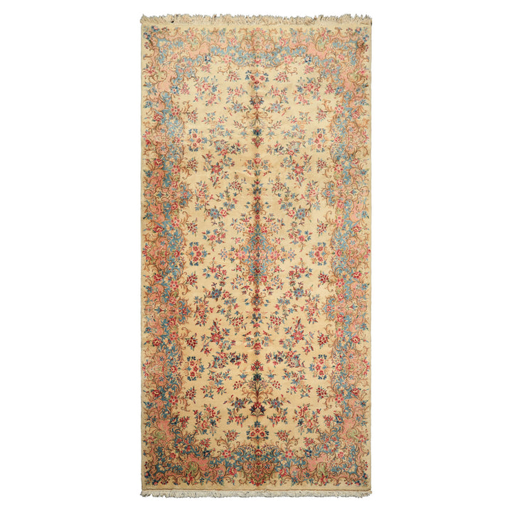 Runner Ivory, Aqua, Blush Color Hand Knotted Kerman Wool Modern & Contemporary Oriental Rug