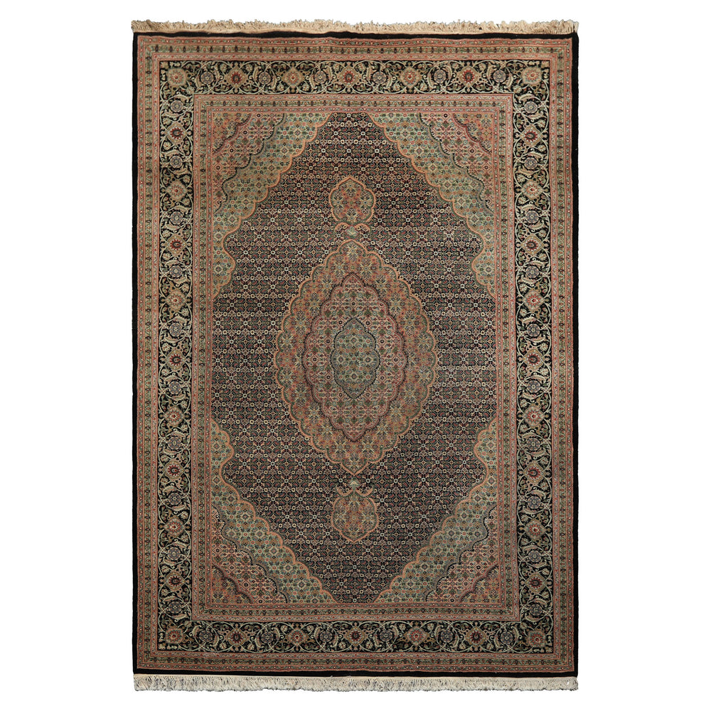 6x9 Black, Blush, Green Color Hand Knotted Tabriz Wool & Silk Traditional Oriental Rug