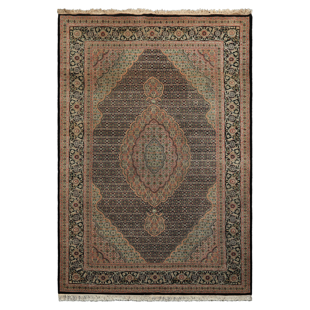 6x9 Black, Blush, Green Color Hand Knotted Tabriz Wool & Silk Traditional Oriental Rug