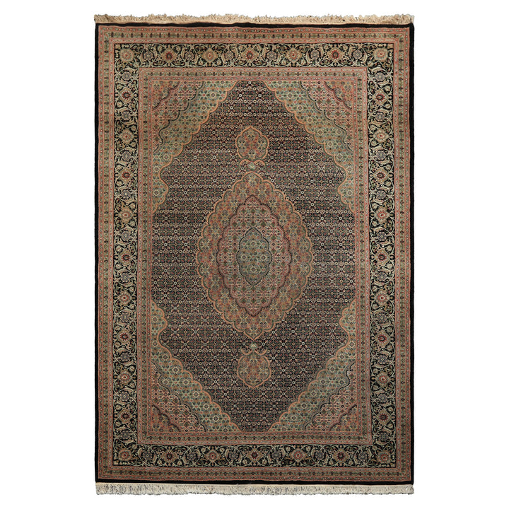 6x9 Black, Blush, Green Color Hand Knotted Tabriz Wool & Silk Traditional Oriental Rug
