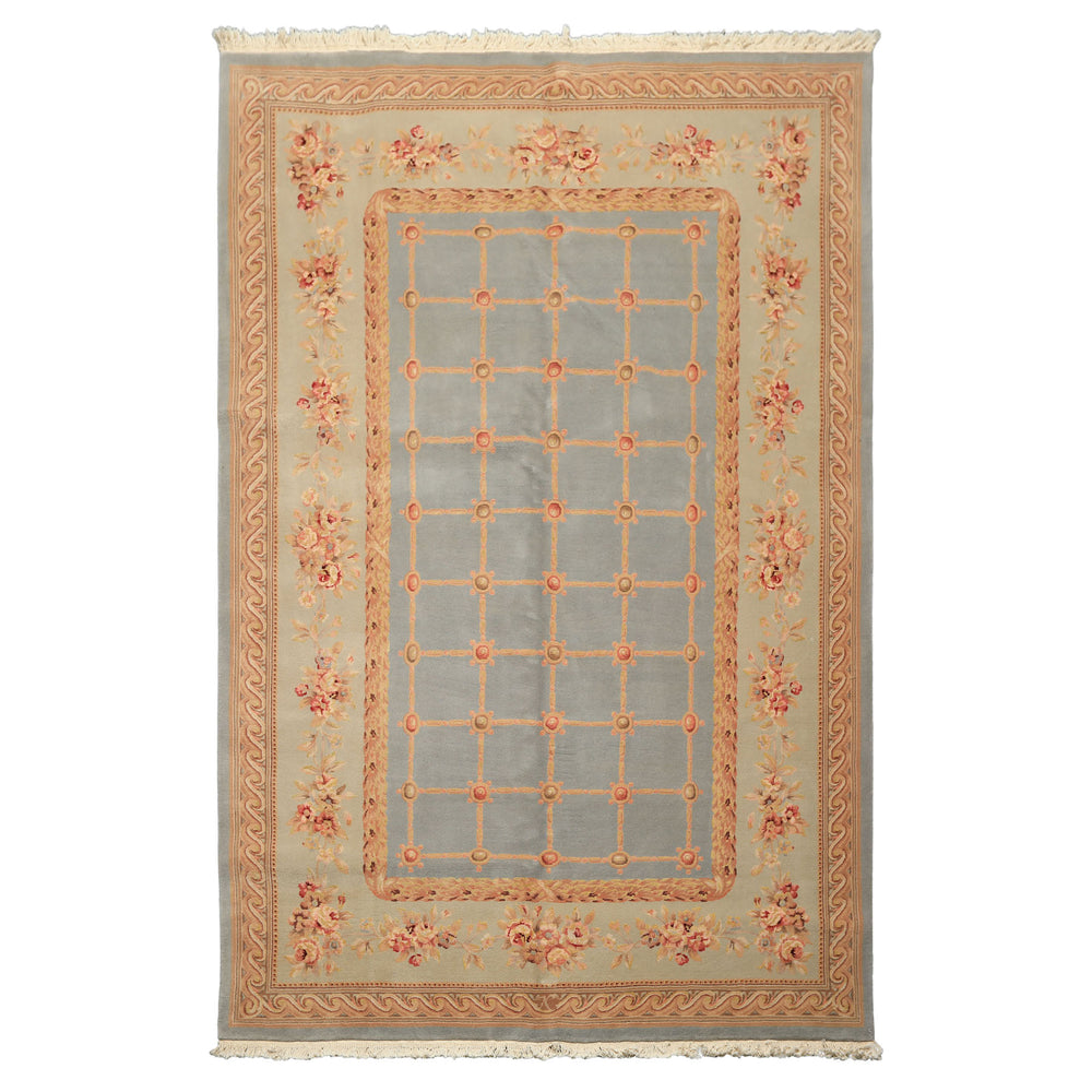 6x9 Aqua, Mint, Tan Color Hand Knotted French Aubusson Savonerrie Wool & Silk Traditional Oriental Rug