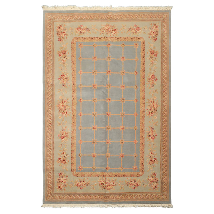 6x9 Aqua, Mint, Tan Color Hand Knotted French Aubusson Savonerrie Wool & Silk Traditional Oriental Rug