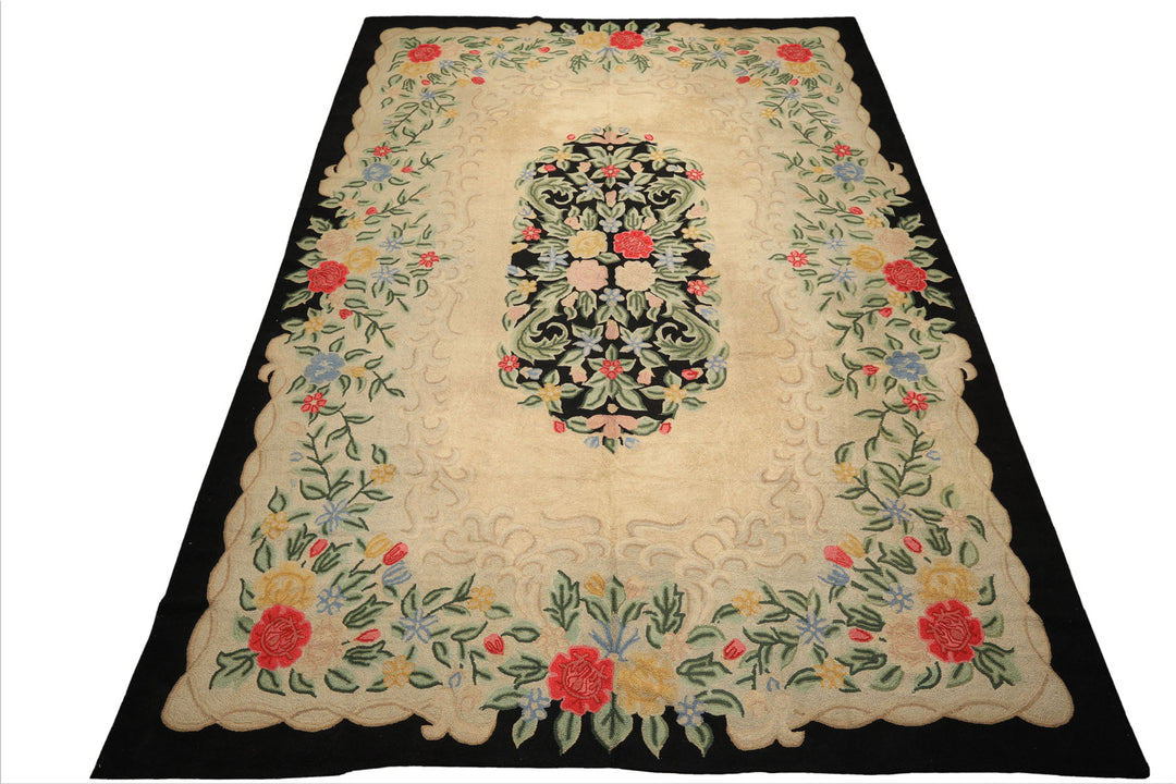 10x14 Beige, Green, Gold Color Hand Hooked Garden wool Traditional Oriental Rug