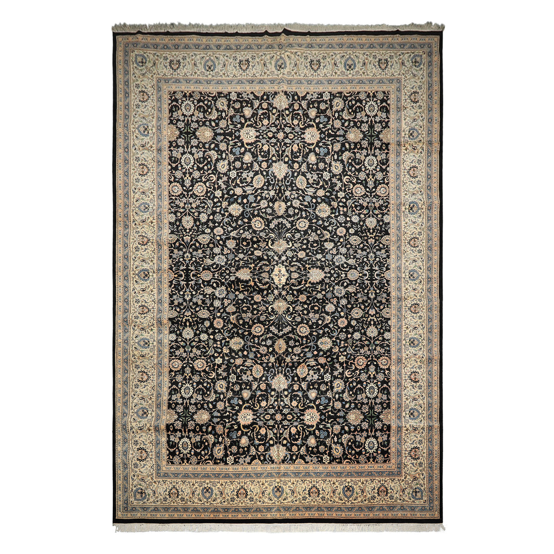 OverSize Black, Ivory, Blue Color Hand Knotted Pak Persian Wool Traditional Oriental Rug