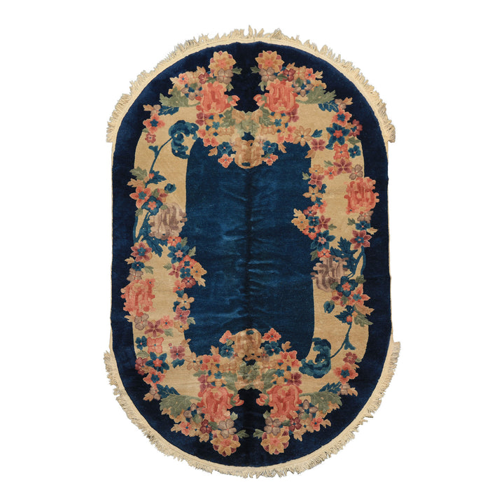 5x8 Navy, Beige, Celadon Color Hand Knotted Chinese Art Deco Wool Traditional Oriental Rug