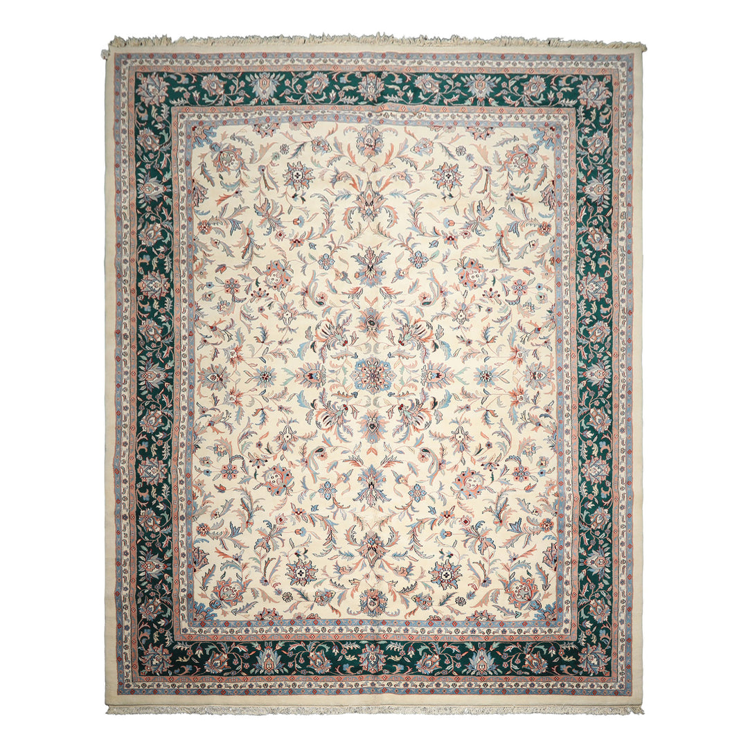 12x15 Cream, Emerald, Blush Color Hand Knotted Kashan Wool Traditional Oriental Rug