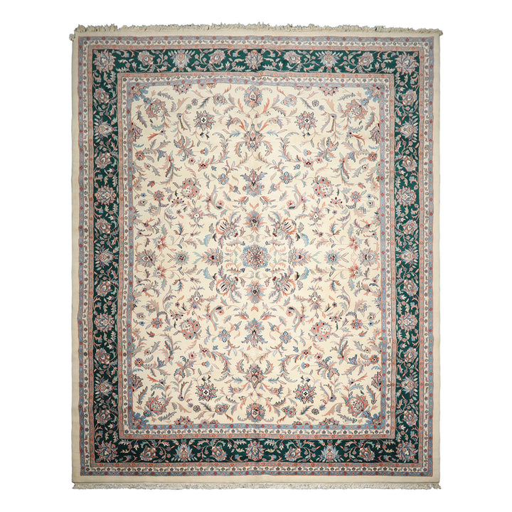 12x15 Cream, Emerald, Blush Color Hand Knotted Kashan Wool Traditional Oriental Rug