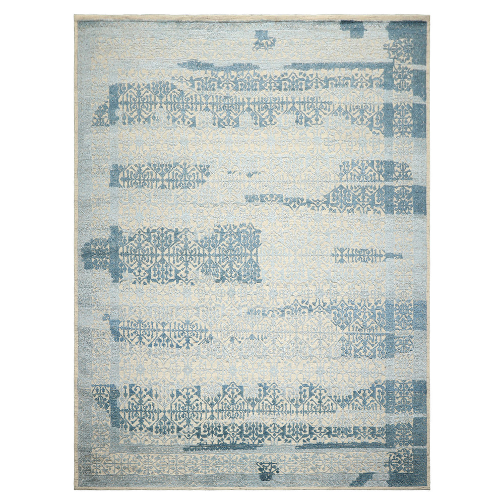 9x12 Blue, Ivory, Color Hand Knotted Oushak Wool & Bamboo Silk Transitional Oriental Rug