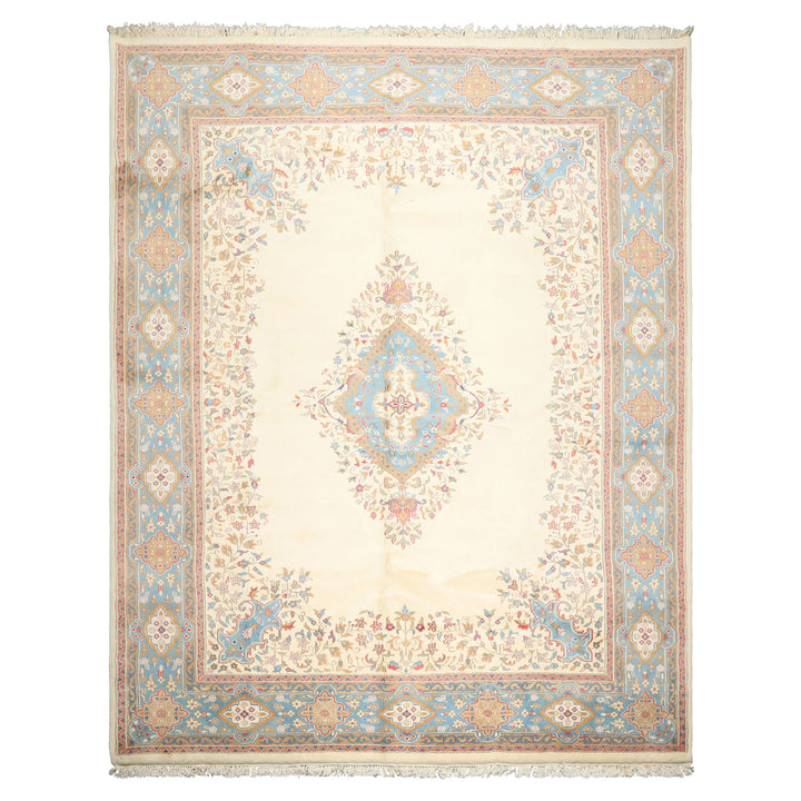 9x12 Ivory, Aqua, Tan Color Hand Knotted Kerman Wool Traditional/ Medallion Oriental Rug