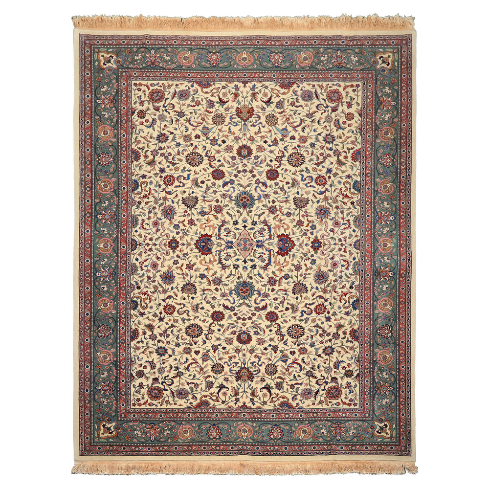 9x12 Ivory, Aqua, Rose Color Hand Knotted Kashan Wool Traditional/ Medallion Oriental Rug
