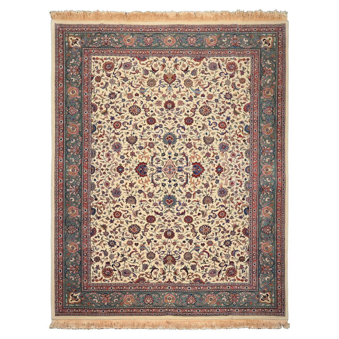 9x12 Ivory, Aqua, Rose Color Hand Knotted Kashan Wool Traditional/ Medallion Oriental Rug