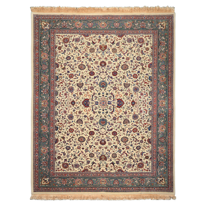 9x12 Ivory, Aqua, Rose Color Hand Knotted Kashan Wool Traditional/ Medallion Oriental Rug