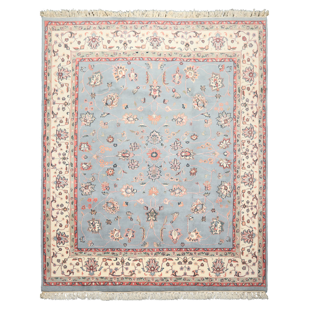 8x10 Baby Blue, Ivory, Pink Color Hand Knotted Kashan Wool Traditional/ Botanical Oriental Rug