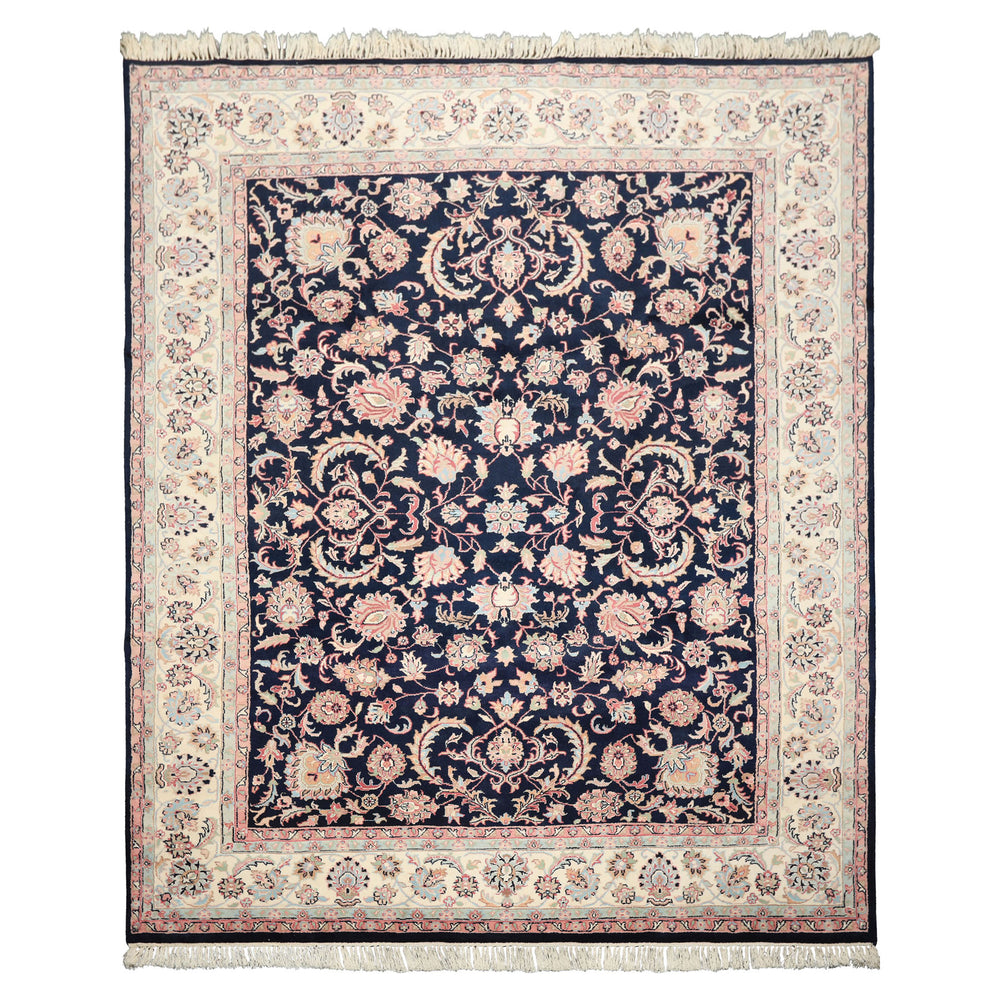 8x10 Midnight Blue, Ivory, Blush Color Hand Knotted Tabriz Wool Traditional Oriental Rug