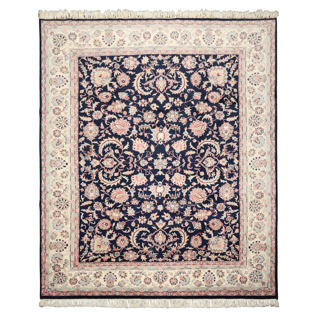 8x10 Midnight Blue, Ivory, Blush Color Hand Knotted Tabriz Wool Traditional Oriental Rug