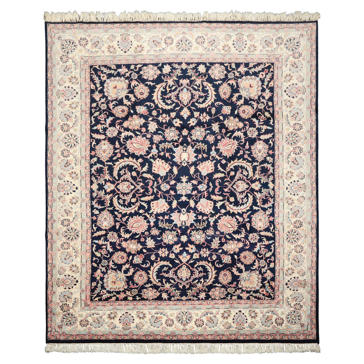 8x10 Midnight Blue, Ivory, Blush Color Hand Knotted Tabriz Wool Traditional Oriental Rug
