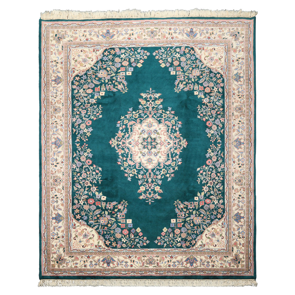 7x9 Emerald, Green, Ivory Color Hand Knotted Tabriz Wool Traditional Oriental Rug