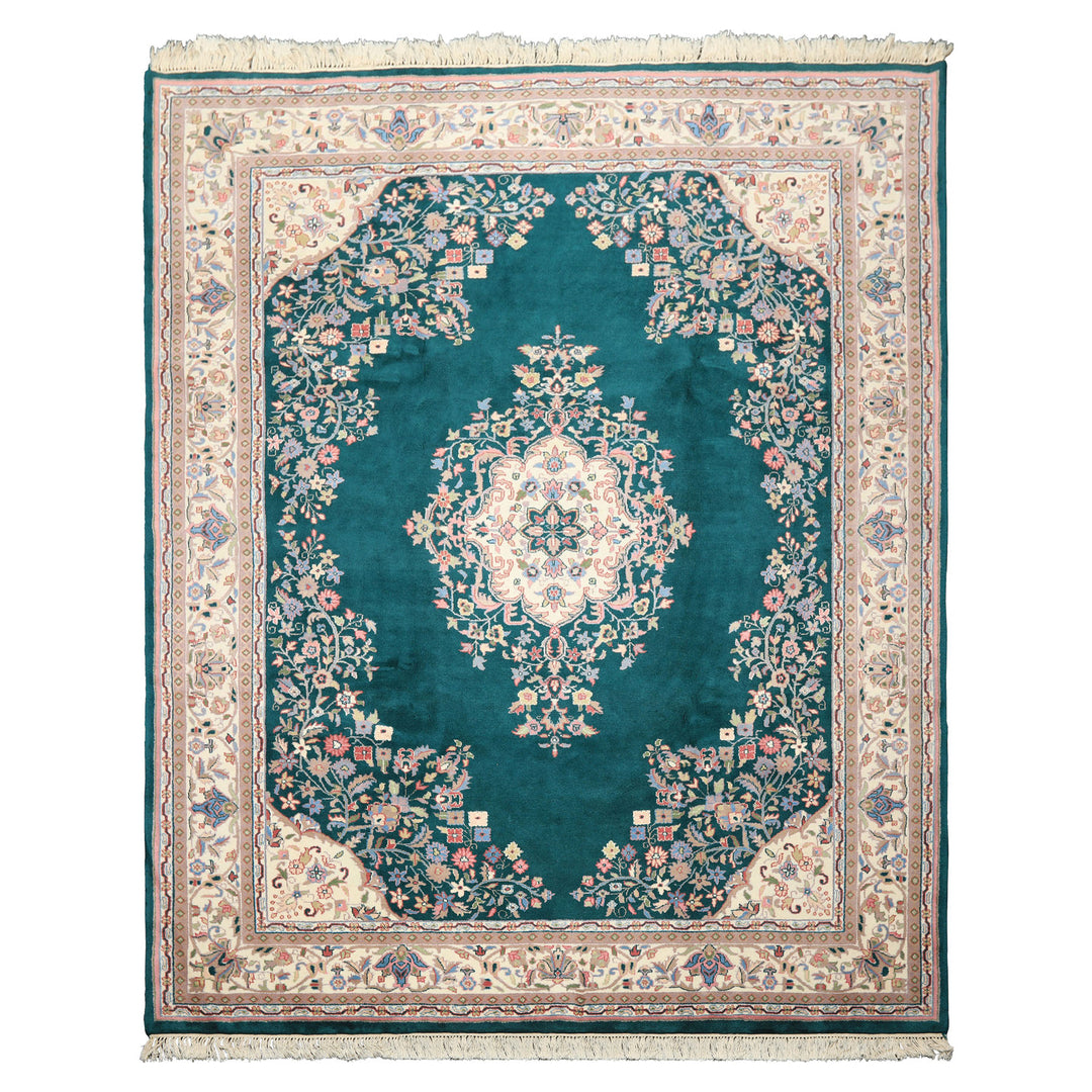 7x9 Emerald, Green, Ivory Color Hand Knotted Tabriz Wool Traditional Oriental Rug