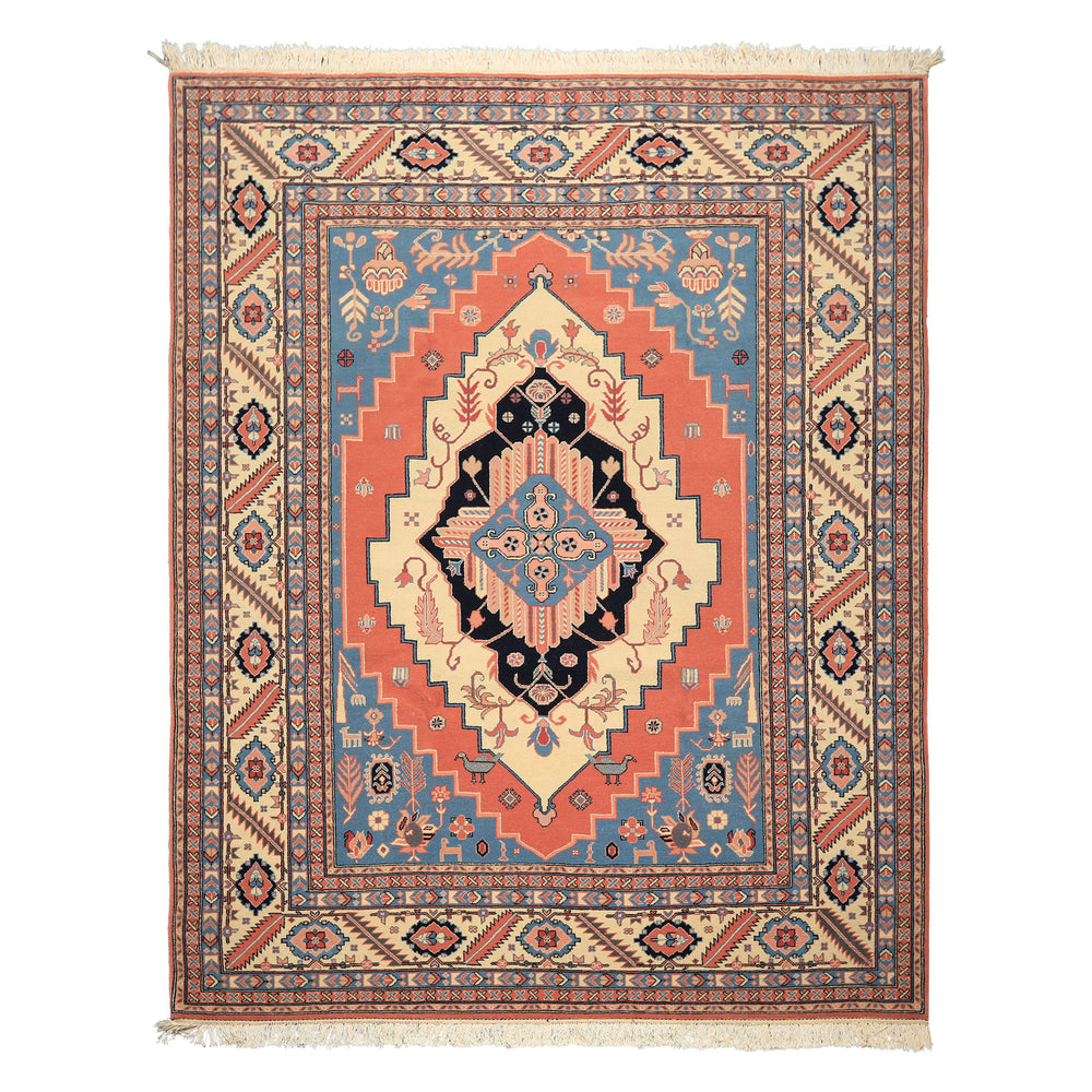8x10 Salmon, Ivory, Blush Color Hand Knotted Heriz Wool Traditional/ Medallion Oriental Rug