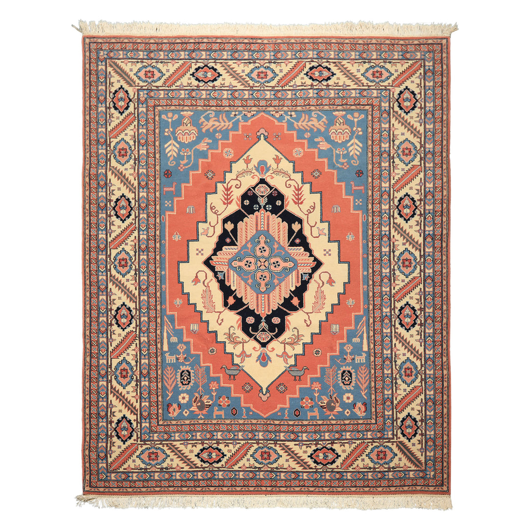 8x10 Salmon, Ivory, Blush Color Hand Knotted Heriz Wool Traditional/ Medallion Oriental Rug