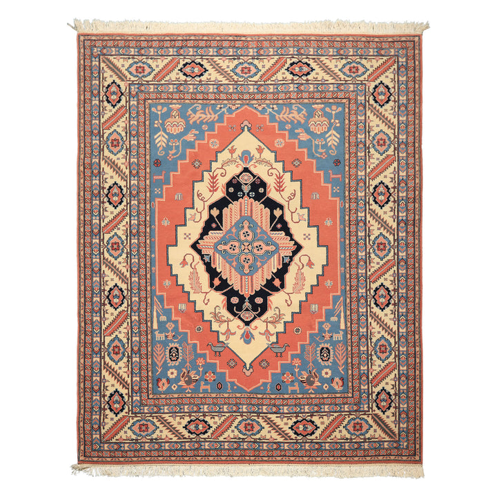 8x10 Salmon, Ivory, Blush Color Hand Knotted Heriz Wool Traditional/ Medallion Oriental Rug
