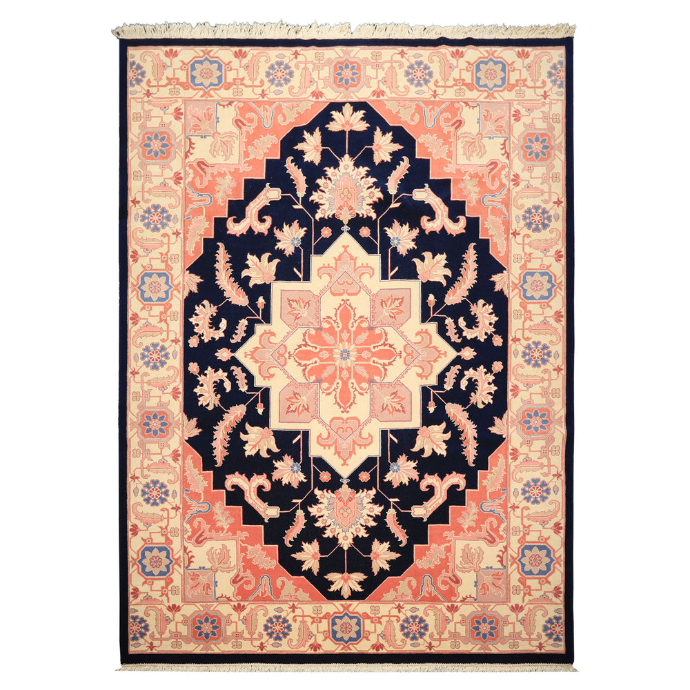 9x12 Navy, Ivory, Salmon Color Hand Knotted Heriz Wool Traditional/ Medallion Oriental Rug