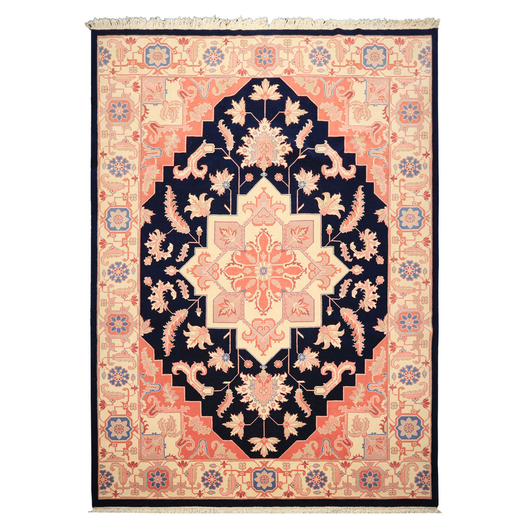 9x12 Navy, Ivory, Salmon Color Hand Knotted Heriz Wool Traditional/ Medallion Oriental Rug