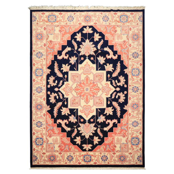 9x12 Navy, Ivory, Salmon Color Hand Knotted Heriz Wool Traditional/ Medallion Oriental Rug