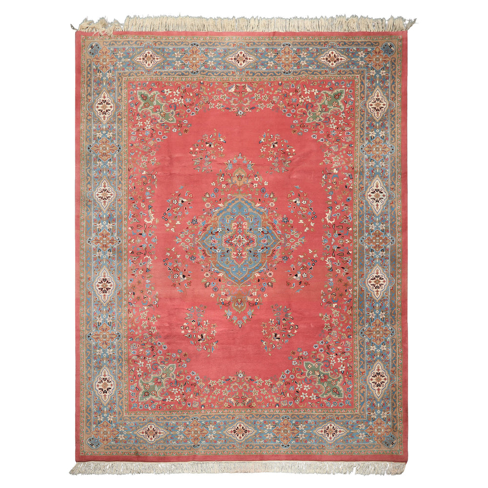 9x12 Pink, Blue, Sage Color Hand Knotted Kashan Wool Traditional/ Botanical Oriental Rug