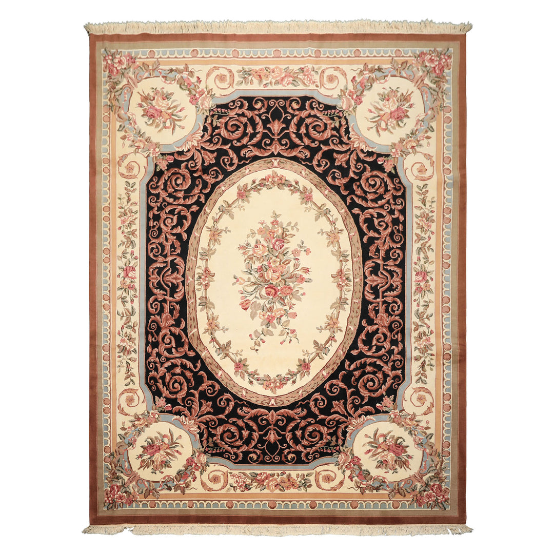 9x12 Ivory, Black, Tan Color Hand Knotted Aubusson Savonnerrie Wool Traditional/ Floral Oriental Rug