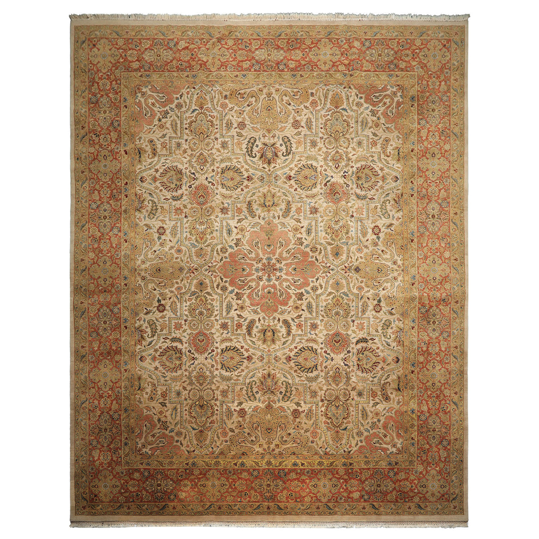 12x15 Beige, Burnt Orange, Lime Color Hand Knotted Agra Wool Traditional Oriental Rug