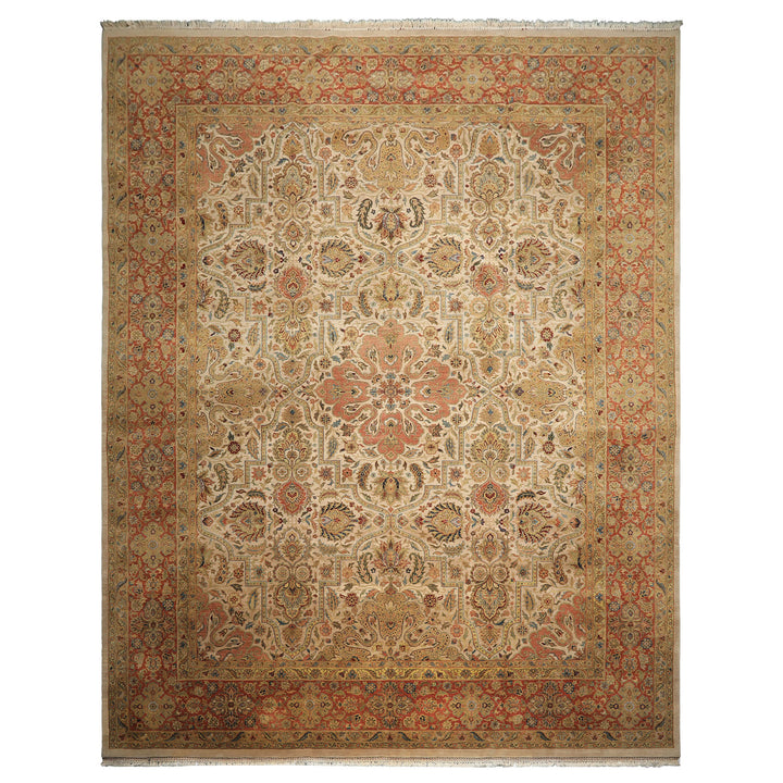 12x15 Beige, Burnt Orange, Lime Color Hand Knotted Agra Wool Traditional Oriental Rug