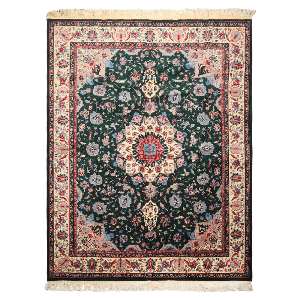 8x10 Dark Green, Ivory, Red Color Hand Knotted Tabriz New Zealand Wool Traditional Oriental Rug