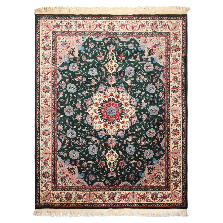 8x10 Dark Green, Ivory, Red Color Hand Knotted Tabriz New Zealand Wool Traditional Oriental Rug