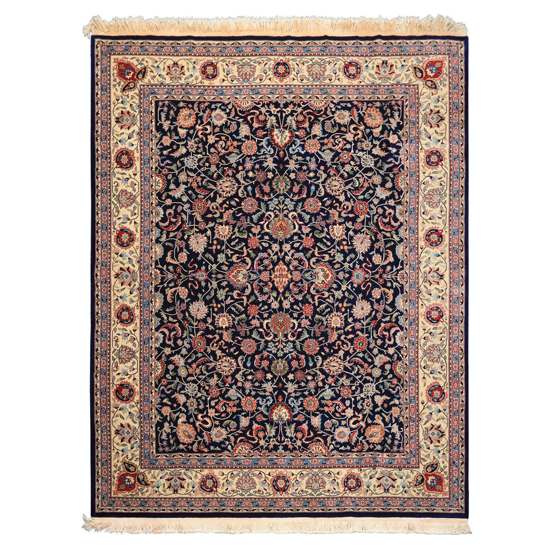 8x10 Navy, Ivory, Red Color Hand Knotted Kashan NZ Wool Traditional Oriental Rug