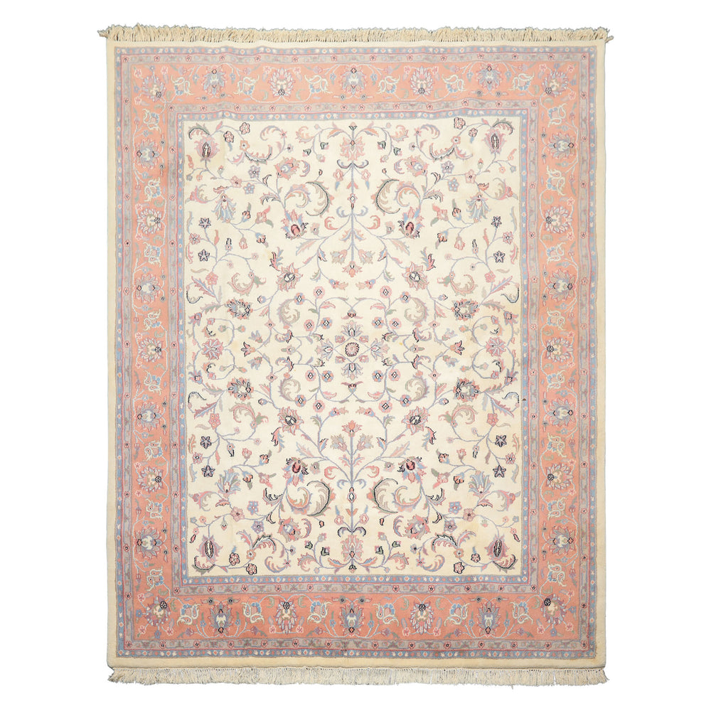 8x10 Ivory, Blush, Blue Color Hand Knotted Kashan Wool Traditional Oriental Rug