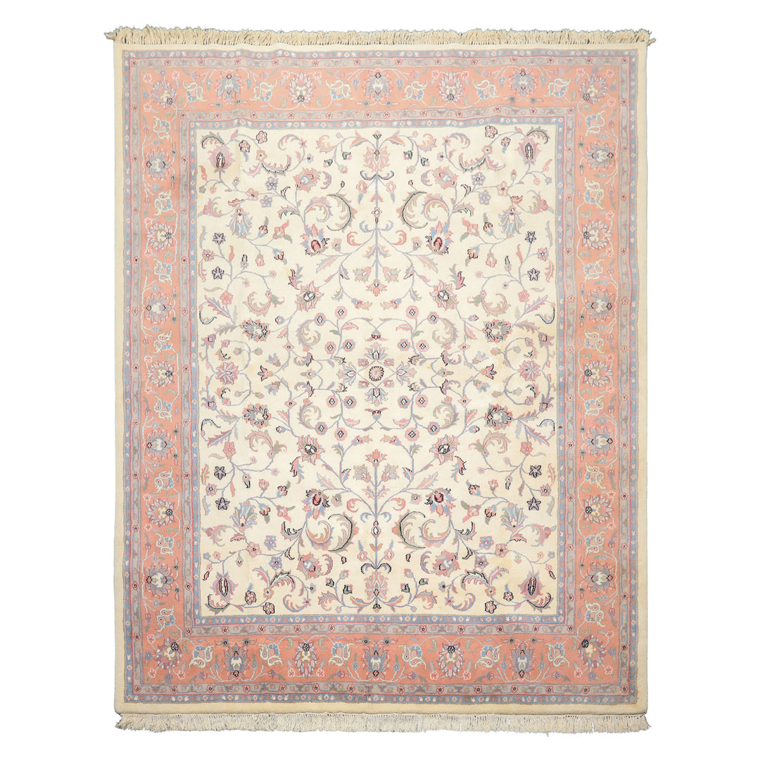 8x10 Ivory, Blush, Blue Color Hand Knotted Kashan Wool Traditional Oriental Rug