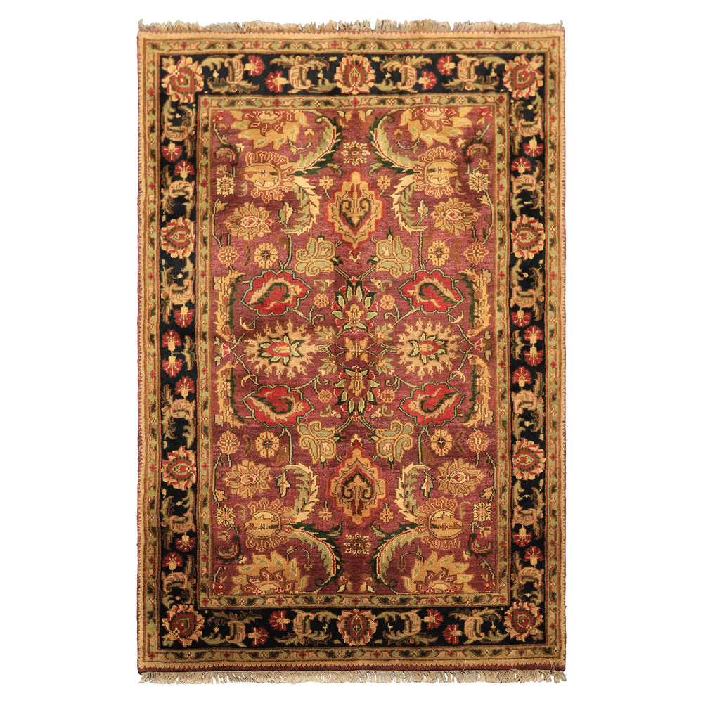 6x9 Plum, Black, Lime Color Hand Knotted Agra Wool Traditional Oriental Rug