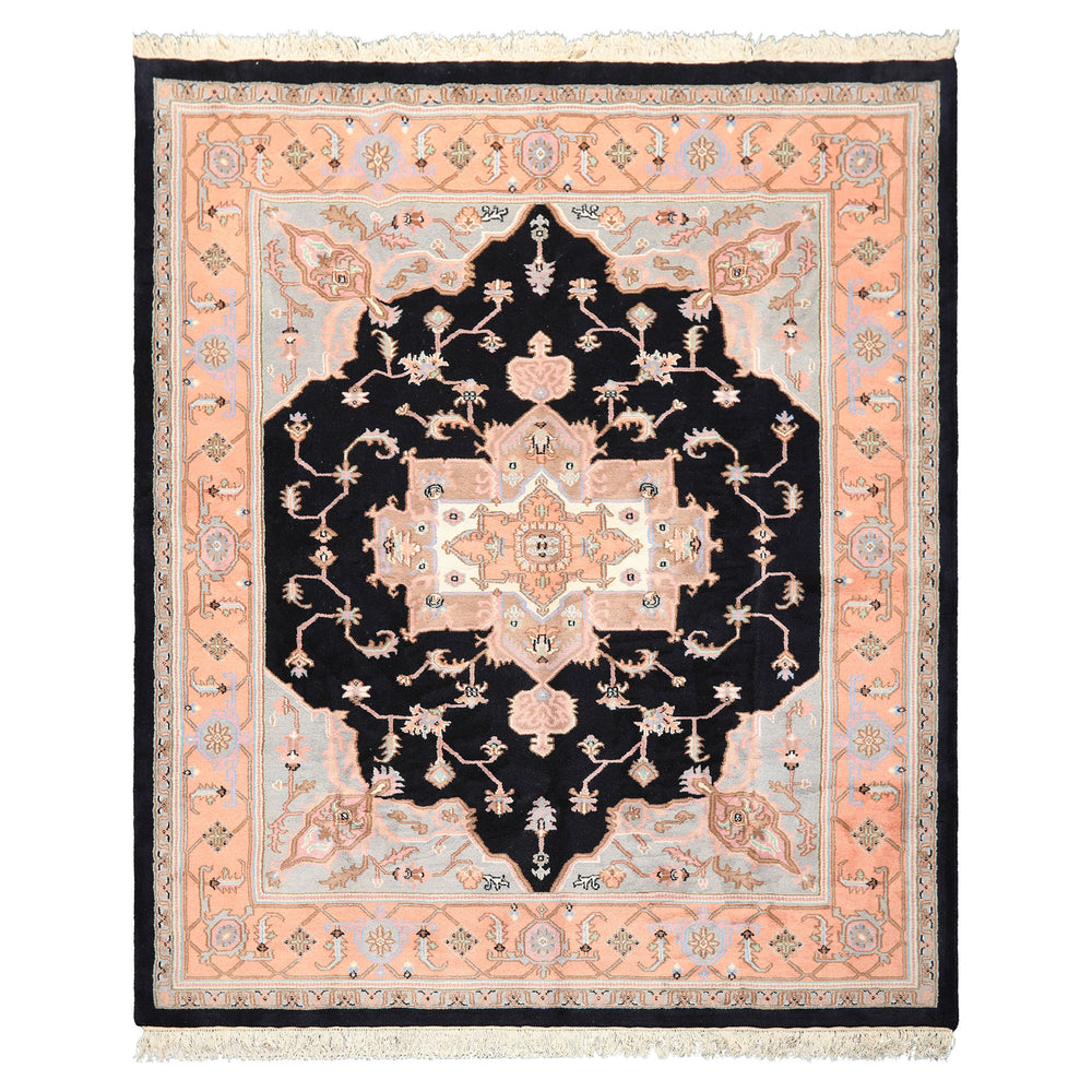 8x10 Black, Peach, Ivory Color Hand Knotted Heriz Wool Traditional Oriental Rug