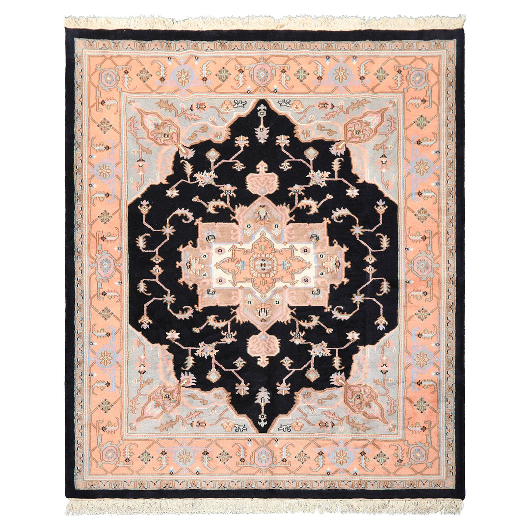 8x10 Black, Peach, Ivory Color Hand Knotted Heriz Wool Traditional Oriental Rug
