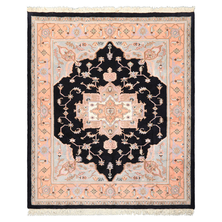 8x10 Black, Peach, Ivory Color Hand Knotted Heriz Wool Traditional Oriental Rug