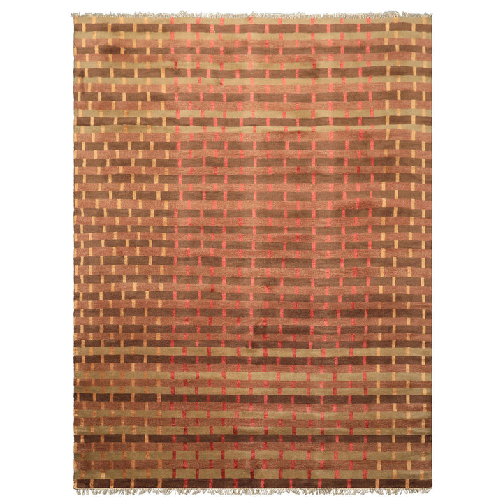 8x10 Raspberry, Rust, Moss Color Hand Knotted Tibetan Wool & Pure Silk Contemporary Oriental Rug