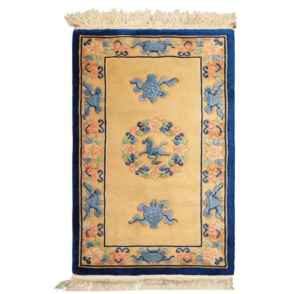 3x5 Gold, Navy, Blush Color Hand Knotted Chinese Art Deco Wool Traditional Oriental Rug