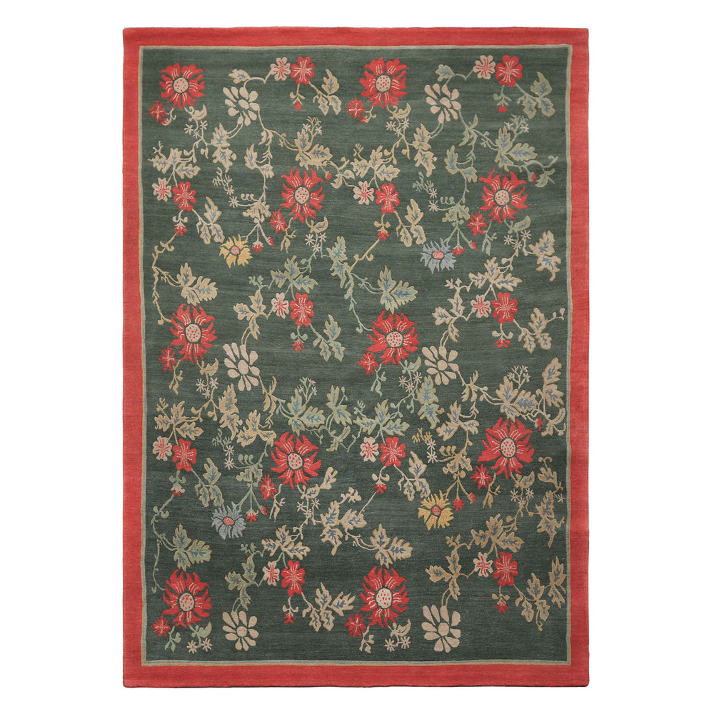 6x9 Celadon, Coral, beige Color Hand Knotted Tibetan Wool Transitional Oriental Rug