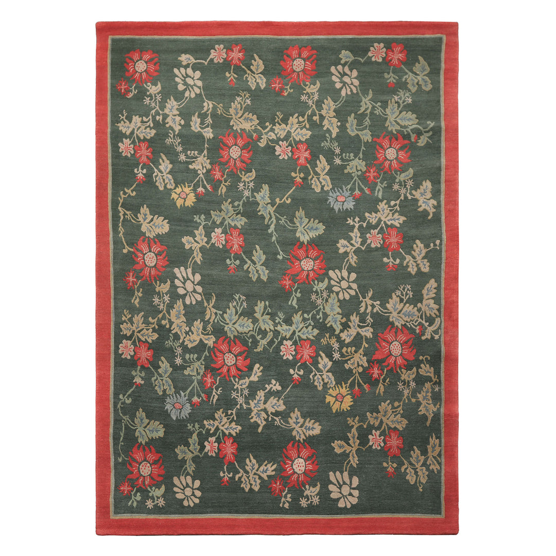 6x9 Celadon, Coral, beige Color Hand Knotted Tibetan Wool Transitional Oriental Rug