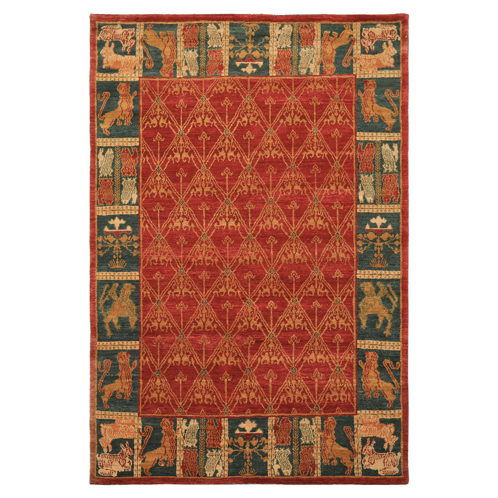 6x9 Rusty Red, Teal, Ivory Color Hand Knotted Tibetan Wool Arts & Crafts Oriental Rug