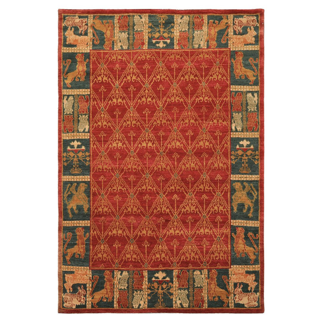 6x9 Rusty Red, Teal, Ivory Color Hand Knotted Tibetan Wool Arts & Crafts Oriental Rug