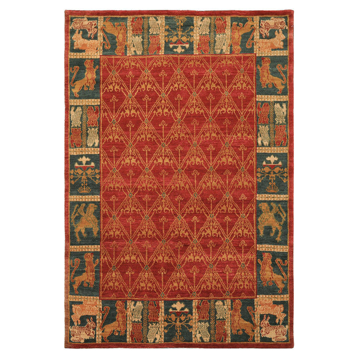 6x9 Rusty Red, Teal, Ivory Color Hand Knotted Tibetan Wool Arts & Crafts Oriental Rug