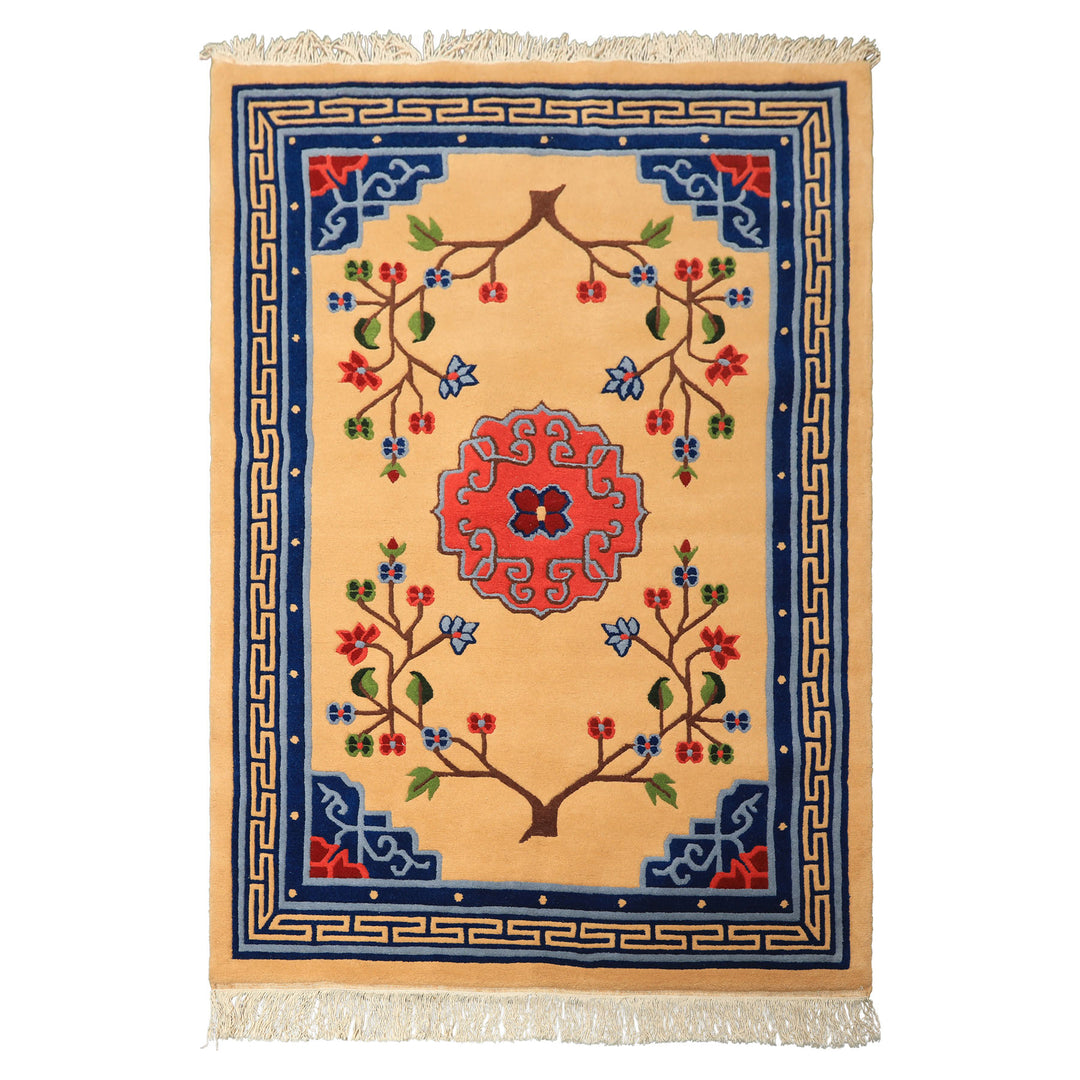 4x6 Tan, Navy, Coral Color Hand Knotted Tibetan Wool Chinese Art Deco Oriental Rug