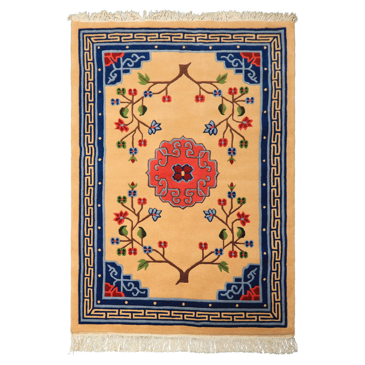 4x6 Tan, Navy, Coral Color Hand Knotted Tibetan Wool Chinese Art Deco Oriental Rug